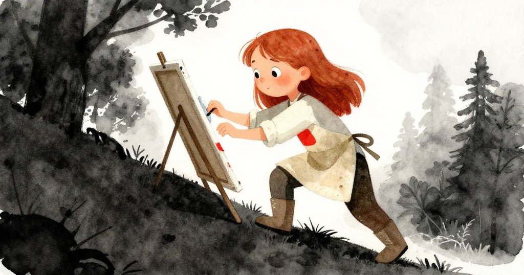 Maeve擦拭受損畫布並向山坡移動，動態傾斜畫面展現她決心重新開始，背景自然光影流動增添緊迫感。