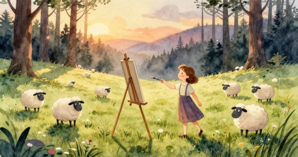 透過水下視角看見平靜的小池，金色光束灑落，映出年輕鹿的柔和輪廓和自然景色，展現魔幻光影。