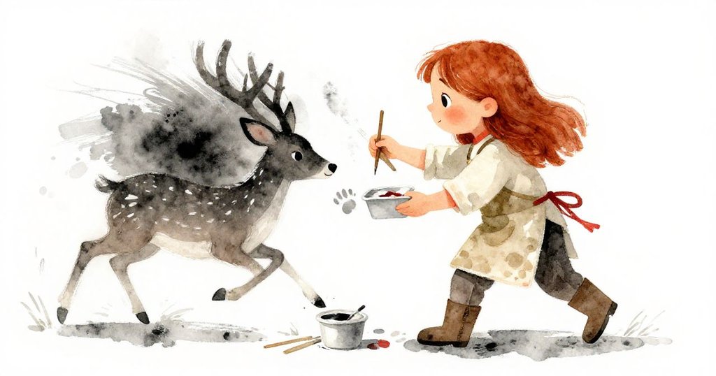 Maeve急忙混合顏料並揮動畫筆捕捉鹿兒離去瞬間，動態筆觸與新留的蹄印展現創作急迫與自然美感。