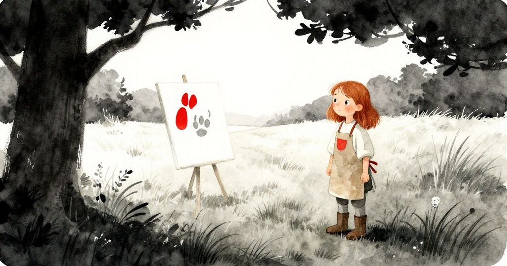 Maeve滿懷欣慰欣賞完成的畫作，畫中融合大自然與藝術，蹄印、草地與森林和諧共存，展現堅持與美麗。