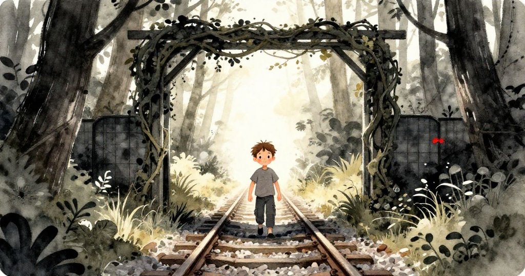 Milo走入舊車站入口，小徑上綠意盎然，藤蔓環繞，神情期待，展現冒險開始的氛圍。