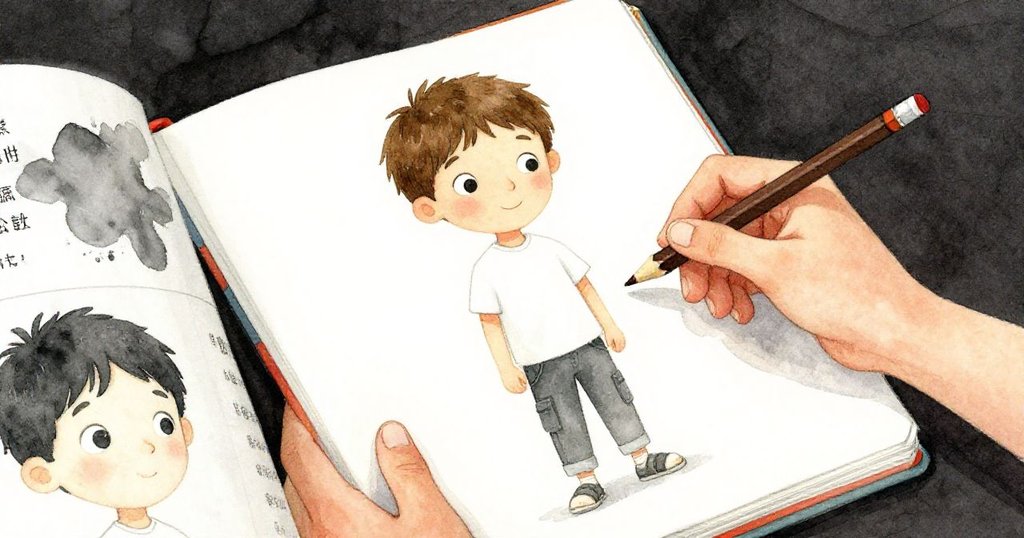 Milo伸手拿起素描本與鉛筆盒，摺疊的宣傳單隱約可見，展現探索與創作的準備。