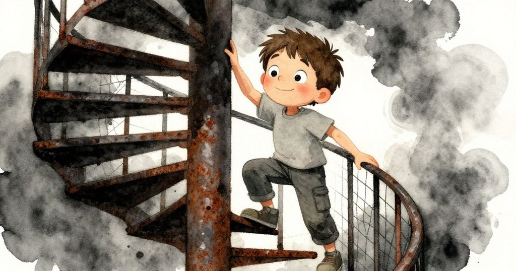 Milo在螺旋樓梯上攀登，腳步稍有打滑，神情驚訝與堅定，背景散發古老鐵銹感。