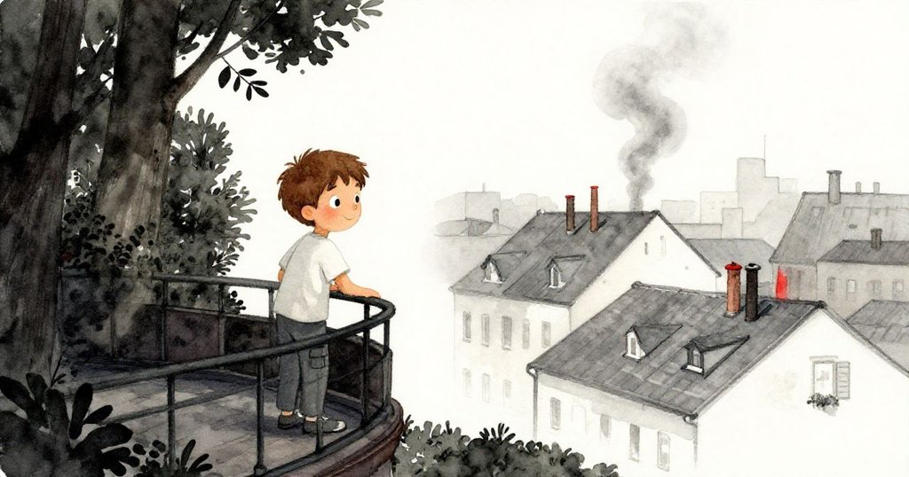 Milo站在塔樓休息平台上，一邊眺望綠意盎然的森林，一邊看見城市屋頂與輕煙升起，神情思索。