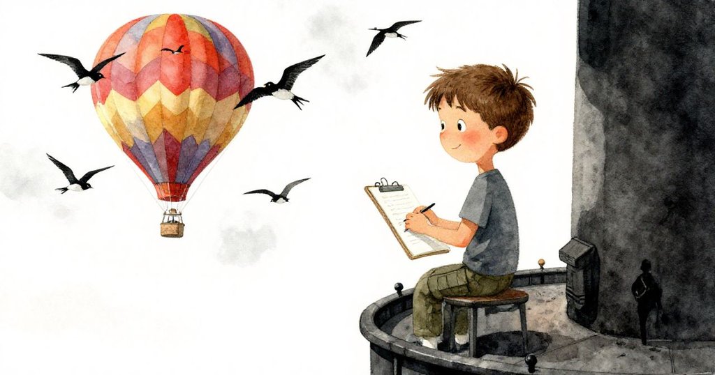 Milo站在塔樓圓形平台上，手持素描本，眼中滿是驚喜，燕群飛過，熱氣球色彩鮮明，遠處有健行者揮手欣賞。