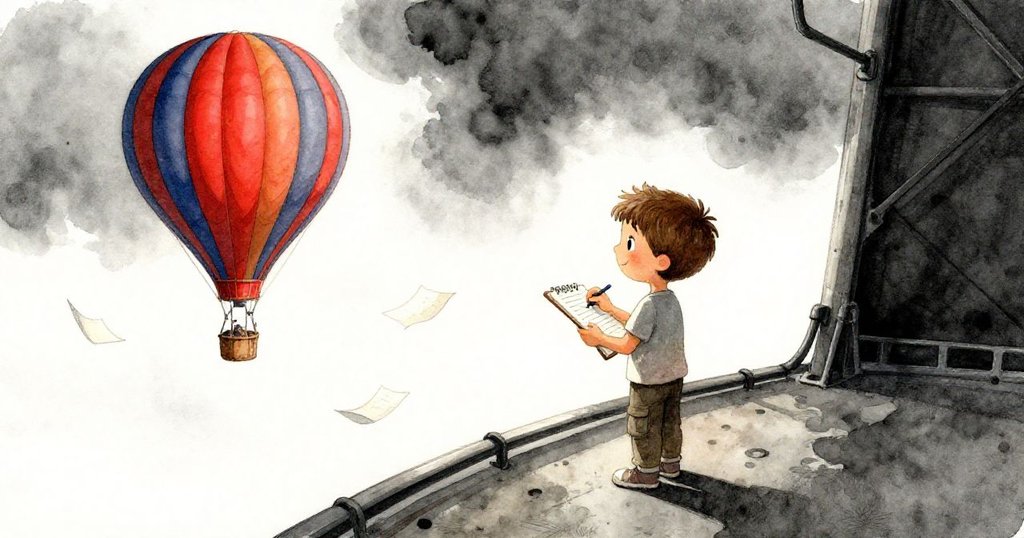 Milo在塔樓平台上靜思作畫，細描熱氣球條紋，紙張隨風輕舞，藍天下廣闊意境展現一天歷程之結尾。