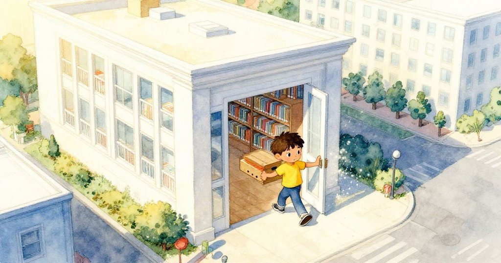 朱爾斯在圖書館附屬建築前平衡著小盒控制台,肩撐著打開的門,陽光灑落下展現期待與決心。