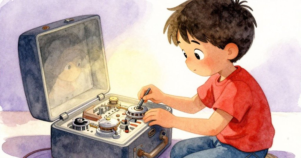 朱爾斯凝視著控制台,面露專注與決心,手觸細節,背景營造溫暖光影,展現探索開始。