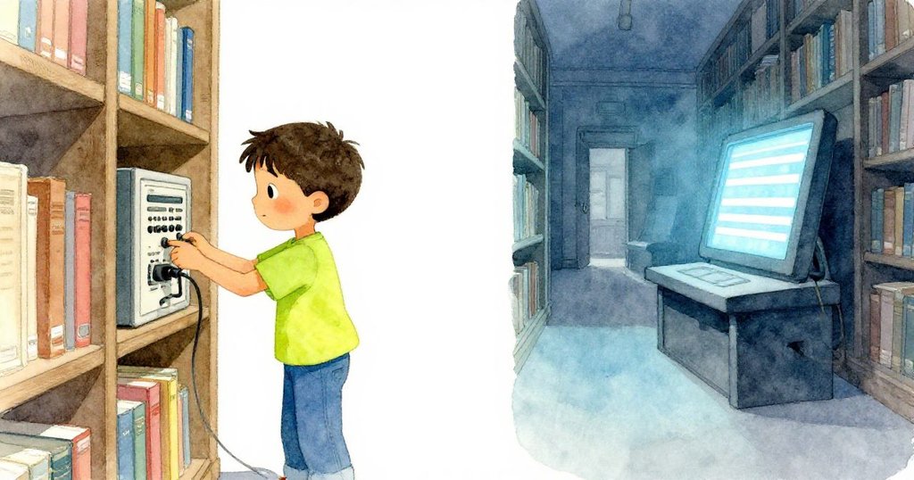 朱爾斯將電纜插入地理書架後隱藏的終端機,一邊屏幕閃出神秘條紋,緊張與好奇交織展現發展。