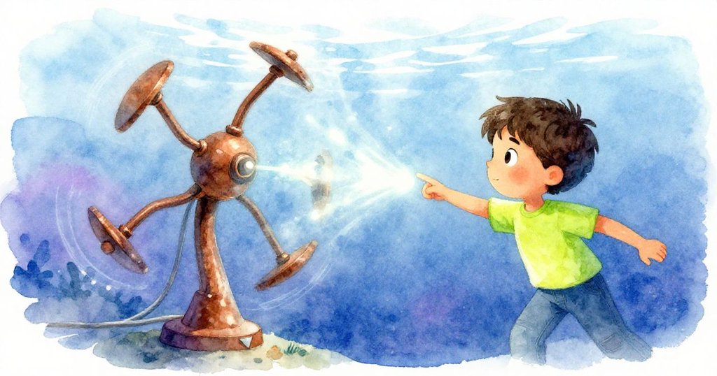 朱爾斯調整後重啟控制台,青銅機械臂逆轉發光,電纜脈衝猶如水中流光,展現轉捩點。