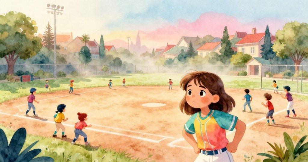 莉拉穿著球衣與隊友在曙光中聚集於公園，充滿期待與柔和晨霧中展開新一天比賽。