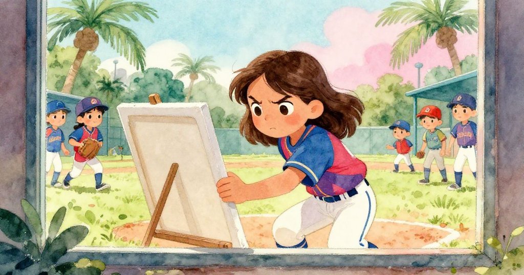 透過球場旁的窗戶看到莉拉蹲守準備接球，背景中隊友動作鮮明，展現比賽前緊湊氣氛。