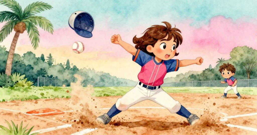 莉拉伸手接球時失衡滑倒，對手帽子飛出並顯示出界，現場充滿緊張與轉機。