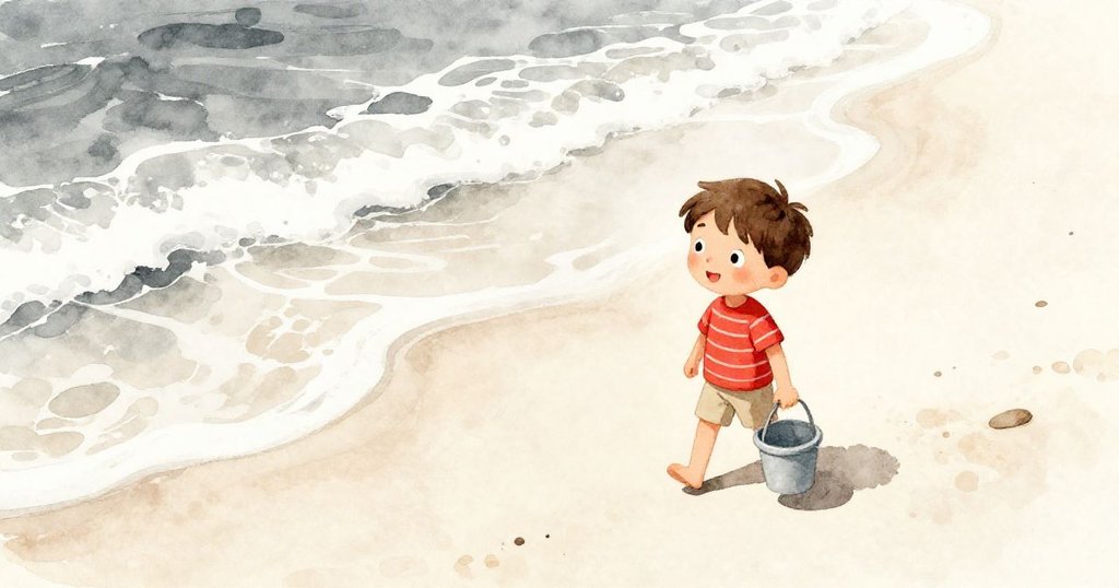 Leo在溫暖的海灘上漫步,小桶隨身,鳥瞰畫面展現廣闊沙灘和波光粼粼海面,充滿期待與平靜氣氛。