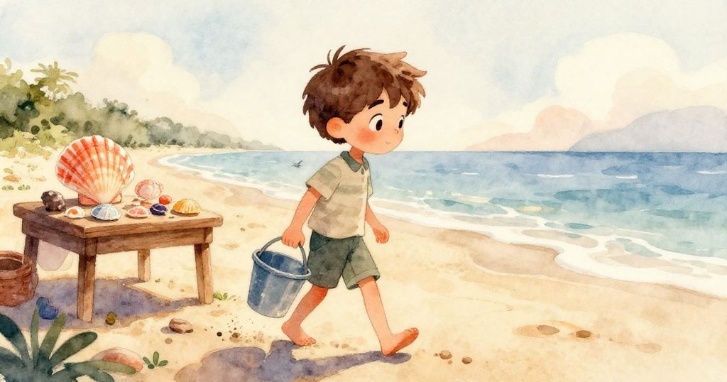 Leo的赤足在細沙上留下足跡,小桶輕靠在膝邊,畫面呈現海灘溫暖與細膩質感,步伐堅定搜尋心中期待。