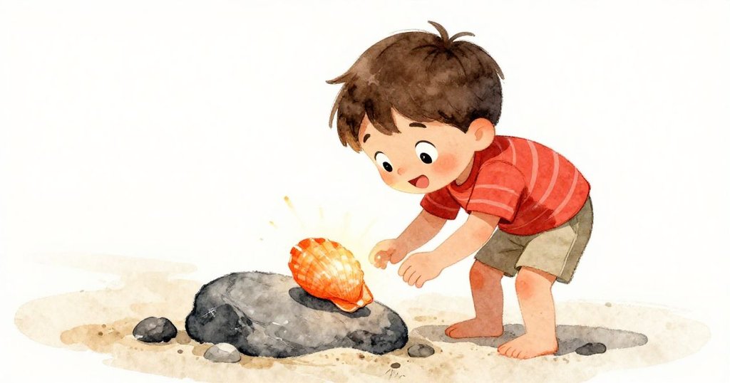 Leo在低角度視角中俯身於海邊岩石旁,驚奇目光注視著橙色閃亮的貝殼,畫面充滿好奇心與探索魔幻光芒。