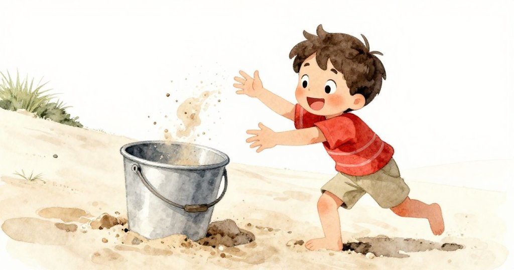 Leo急忙拉扯翻倒的水桶,砂丘上濕沙四散,拖回過程中沙粒覆蓋左拖鞋,畫面展現緊張和意外瞬間。