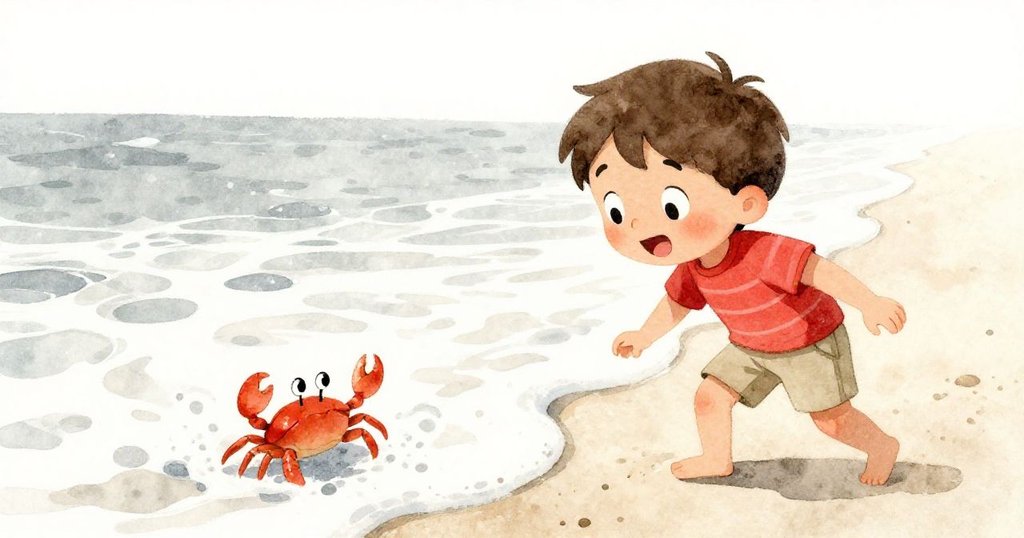 Leo面露驚訝與好奇,手勢未定間,一隻小螃蟹快步向泡沫海浪爬行,海邊場景洋溢著輕鬆戲劇感。