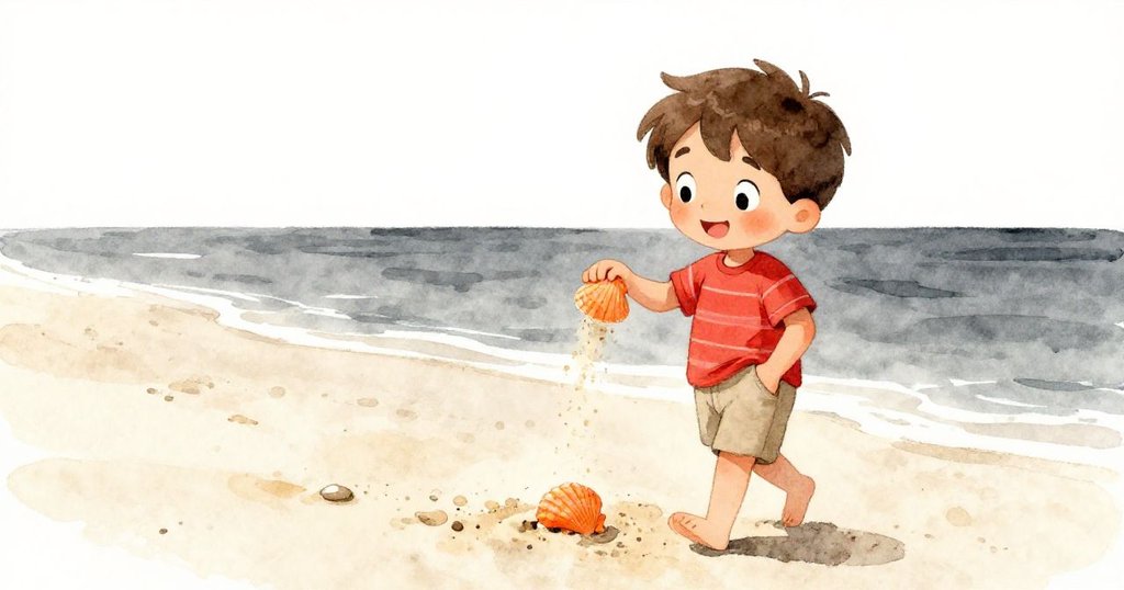 Leo面帶平靜與期待,輕拭乾淨發亮的橙貝殼後,將之放入口袋,沿著無盡海灘迎向新冒險。