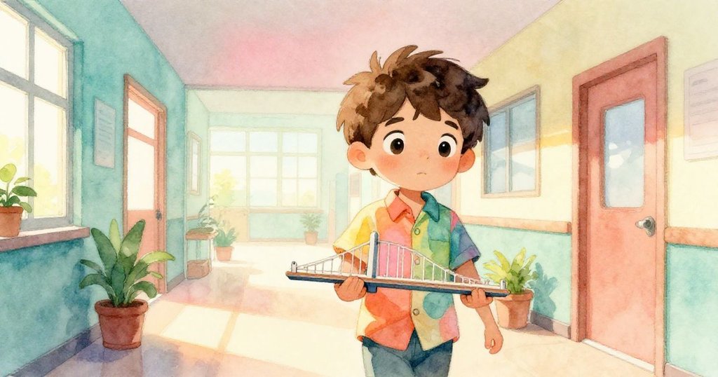 小男孩Leo早晨步入校園教室，手持精緻模型小橋，陽光灑落走廊，神情充滿期待與活力，展現科學項目啟程。