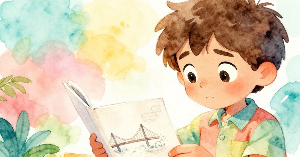 Leo專注地凝視著打開的筆記本，筆記本上細緻的圖畫映出他對模型橋設計的用心與堅持，神情專注溫暖。