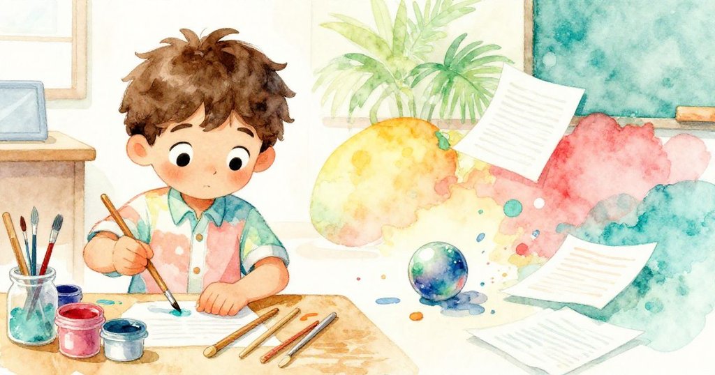 Leo一邊仔細擺放繽紛的科學工具與筆記本，另一邊因小彈珠滾動引發膠水灑落與紙張散落，生動展現意外與認真準備的對比。