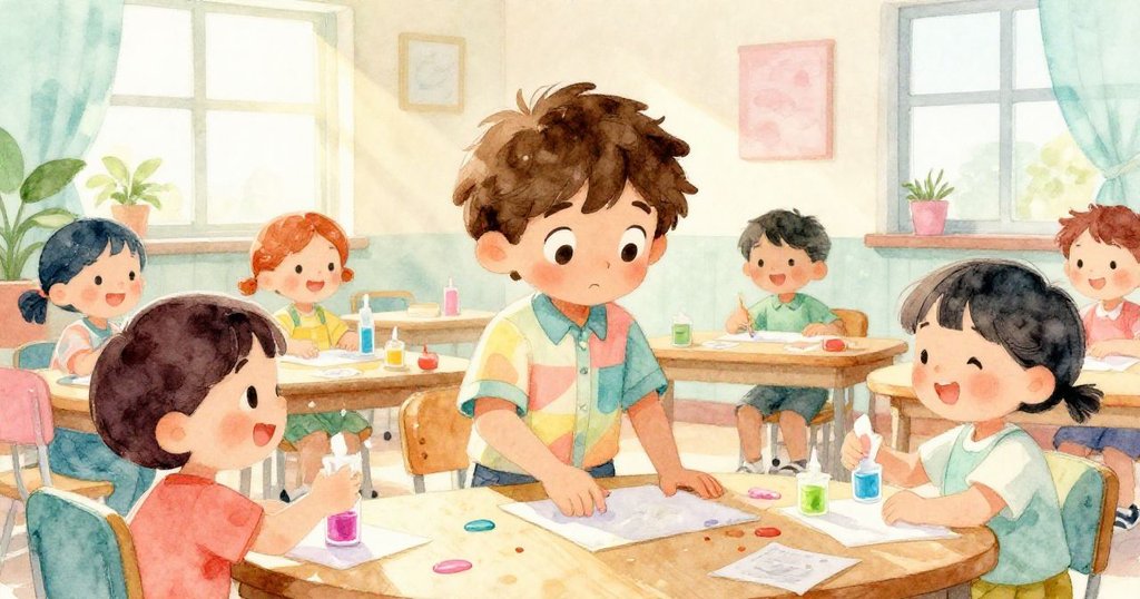 Leo與同學們在明亮教室內齊心協力清理散落的紙張與膠水，彼此合作展現團隊精神，氛圍溫馨充滿希望。