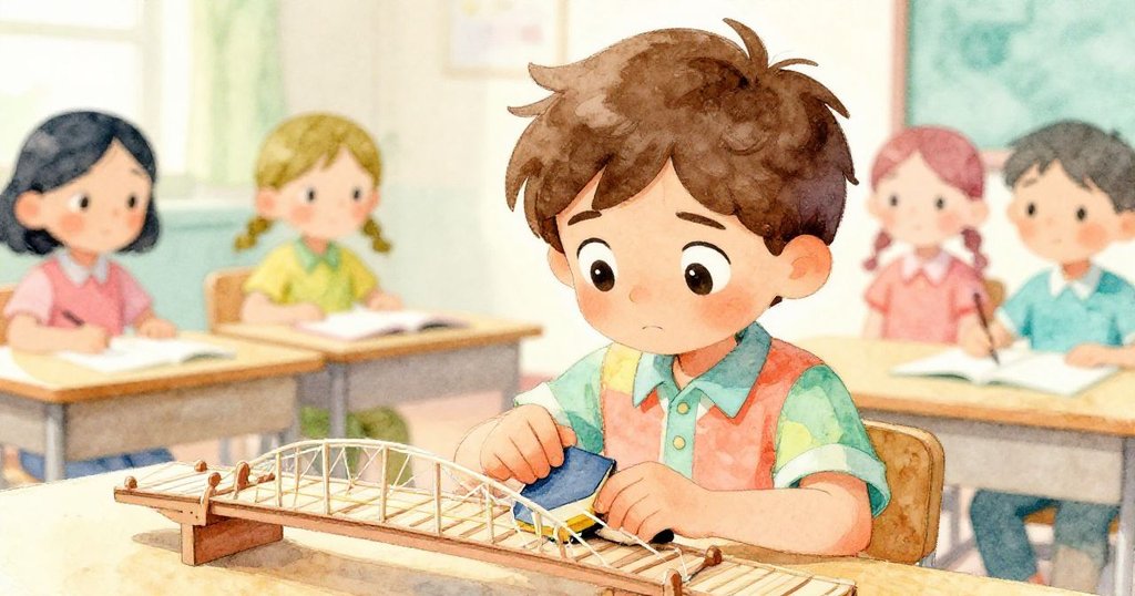 Leo專心地用砂紙修補模型橋上的膠水痕跡，身旁同學默默支持，整個場景展現了決心與精細修復的溫馨氛圍。