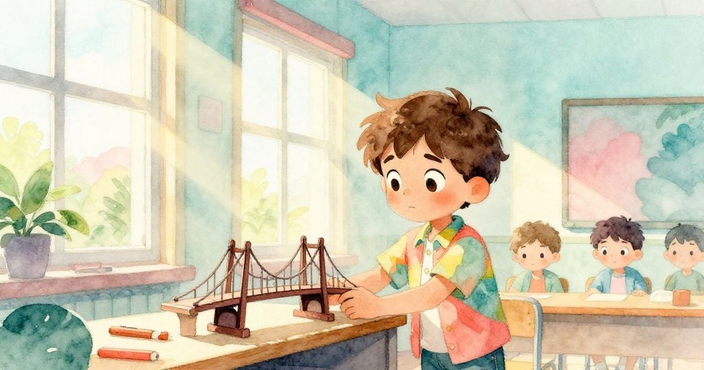 Leo將修復好的模型橋小心放在書架上，陽光透過高窗灑進教室，他悄然關上筆記本，展現一天學習與團隊合作後的平靜與滿足。