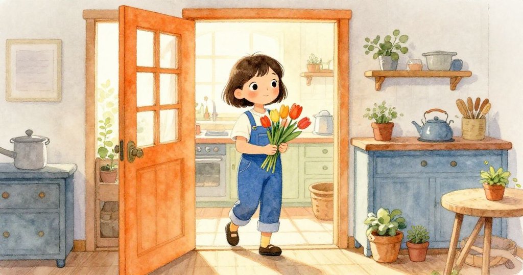 米婭捧著鮮花走進溫馨廚房,臉上洋溢著期待,明亮光線透過門道灑入室內,家庭氛圍溫暖。