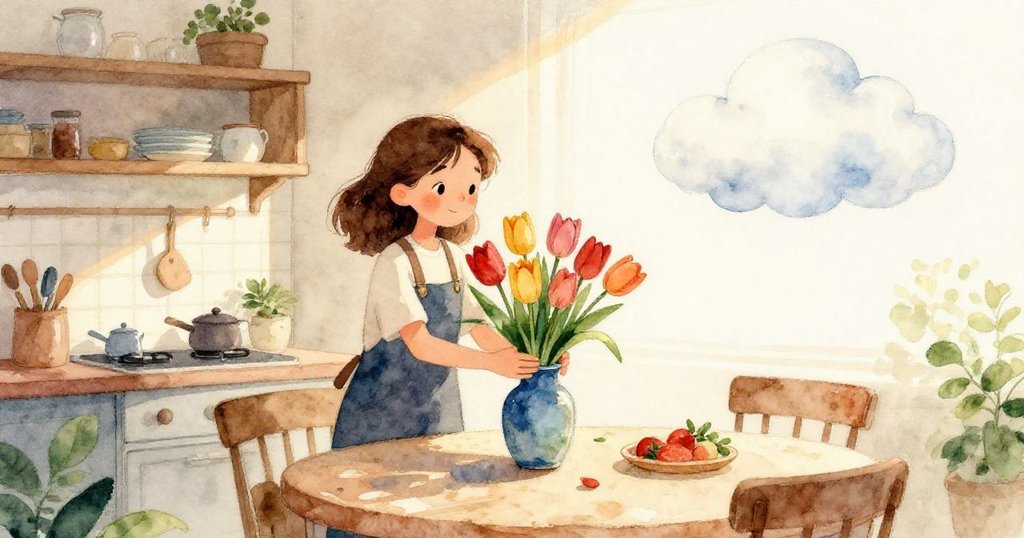 特寫藍色花瓶中插著燦爛郁金香,細節豐富透出水光,溫馨廚房背景營造柔和氣氛。