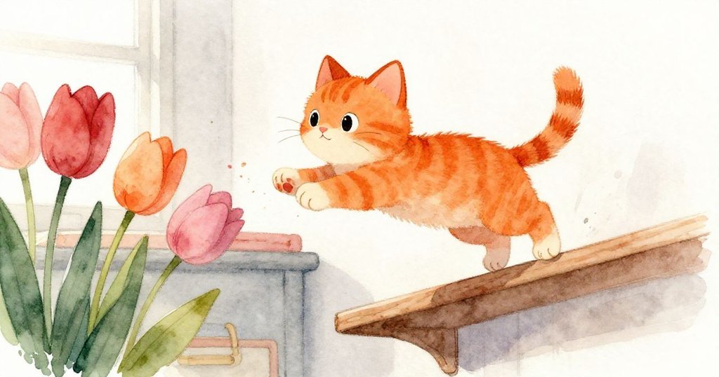 橘色小貓在傾斜角度中從架子上活躍跳躍,輕碰花枝營造出動感家庭瞬間,充滿驚喜。