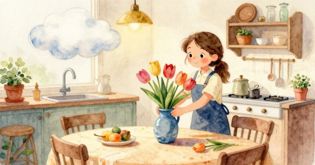 米婭注視窗外一朵緩飄的孤雲,室內光影柔和,廚房與戶外景緻融為夢幻溫馨畫面。