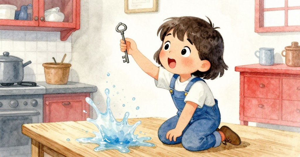 米婭在散水木檯上蹲下拾起精緻金屬鑰匙,神情好奇專注,畫面動感中展現家庭細節。