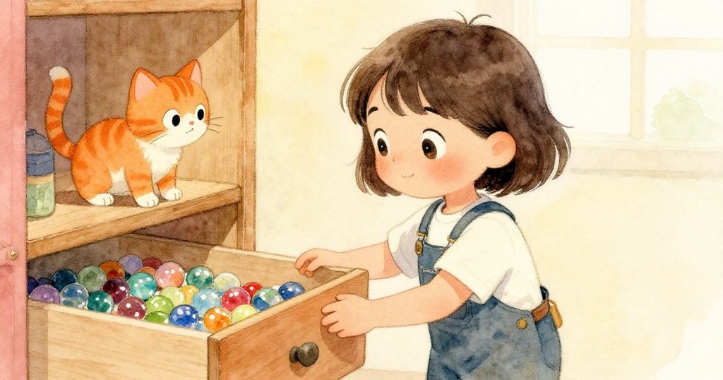 米婭滿懷溫馨關上抽屜,彩色珠子隱現童年記憶,小貓靜觀陪伴,室內光影柔和結局溫暖。