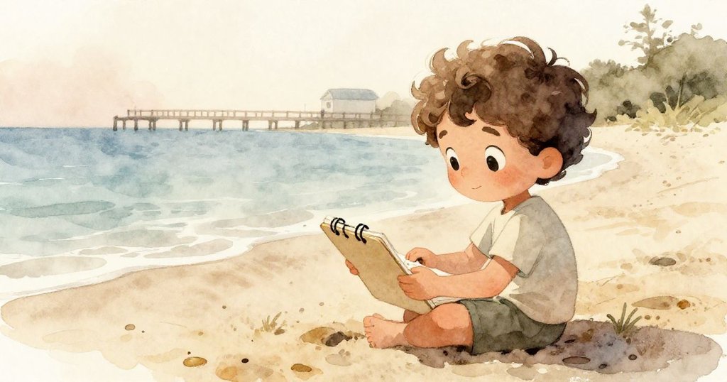 在海邊晨霧中, Leo興奮地在溫暖沙灘上擺放畫板, 背後隱約見到木板路, 氣氛柔和充滿期待。