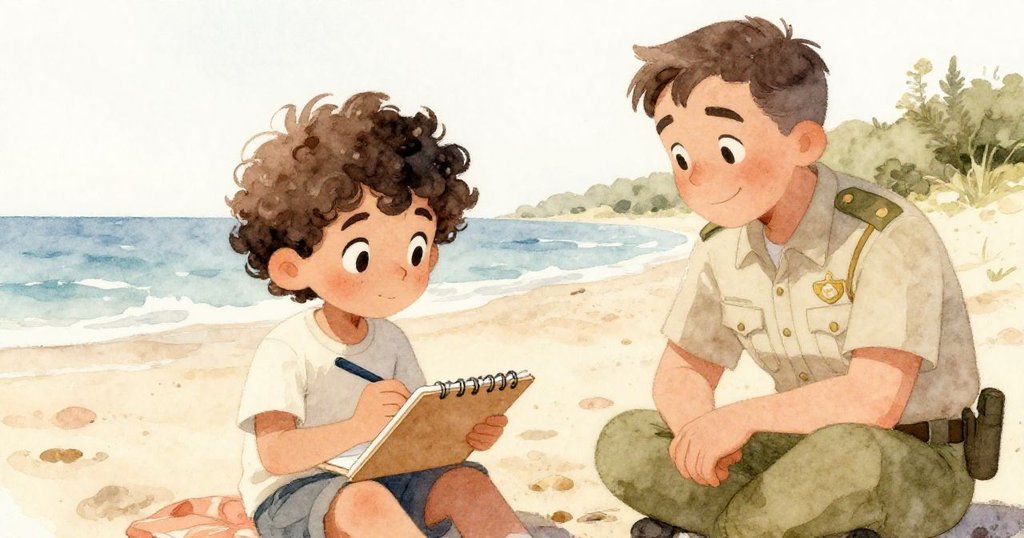 中景, Leo專心畫畫, 海灘護林員以溫暖微笑點頭致意, 舒適沙灘與藍天互動, 情感真摯溫馨。