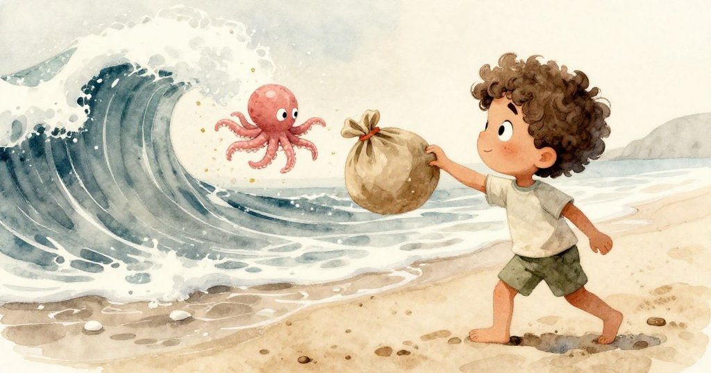 中景, Leo驚訝看著突如其來的強浪捲起他的包, 橡膠章魚滑落, 沙灘濕潤變暗, 氣氛緊張而激動。