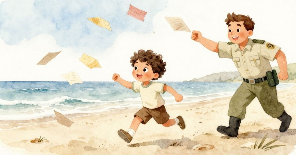 寬景, Leo急速追逐被風吹起的紙張, 紙片飄揚於濕潤沙地, 護林員微笑伸手接紙, 場面緊張而溫暖。