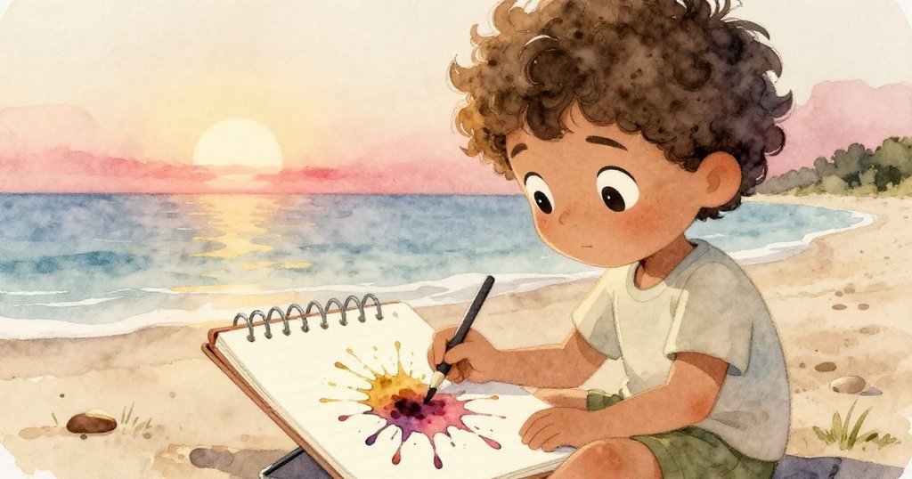 近景, Leo欣賞充滿色彩的墨跡英雄圖, 溫柔夕陽灑落海灘, 他微笑將心愛橡膠章魚放在畫旁, 終於完成心夢。