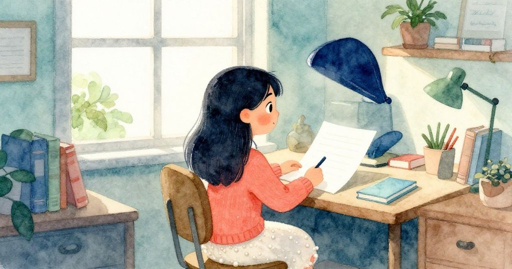 Lena坐在溫馨書房內的桌前，柔和陽光透過大窗灑入，她注視著空白信紙與藍筆記本，神情充滿期待與好奇。