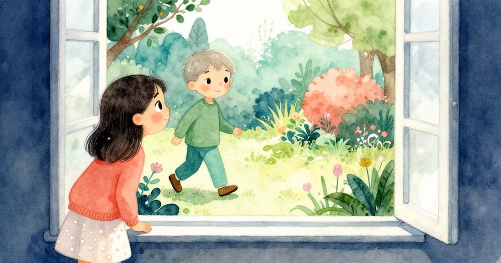 Lena走向敞開的窗邊，看到Alex在花園中悠閒散步，室內溫暖與戶外明亮光影交織，充滿驚喜。