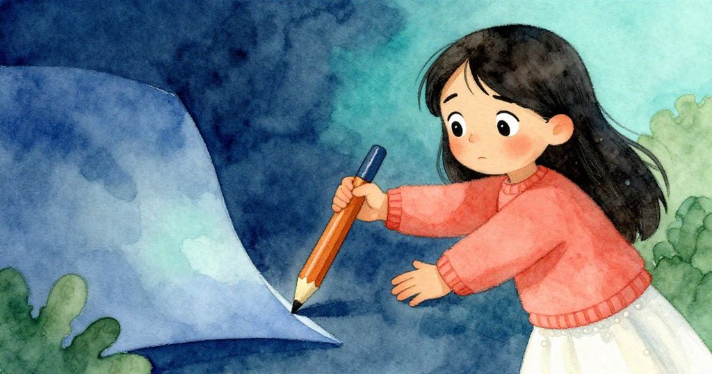 Lena神情焦慮地輕敲乾筆，意外發現藍筆記本下滑出的驚喜鉛筆，瞬間眼中閃過驚喜與堅定。