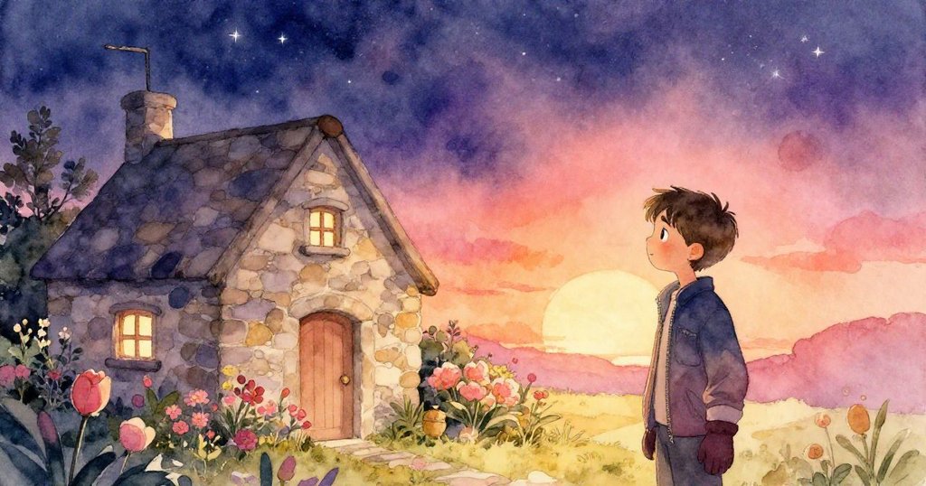 Leo從小石屋走出，抬頭望星空，夜晚平靜，氛圍溫暖，展現開始的期待與安靜。