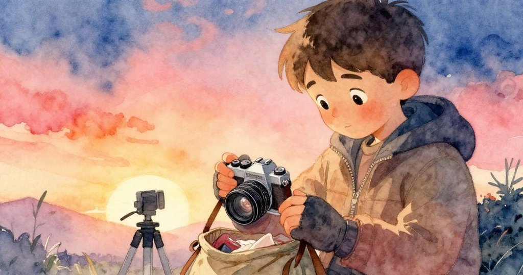 Leo打開背包檢查老相機和三腳架，手法專注，展示準備記錄夜晚自然景致的期待。