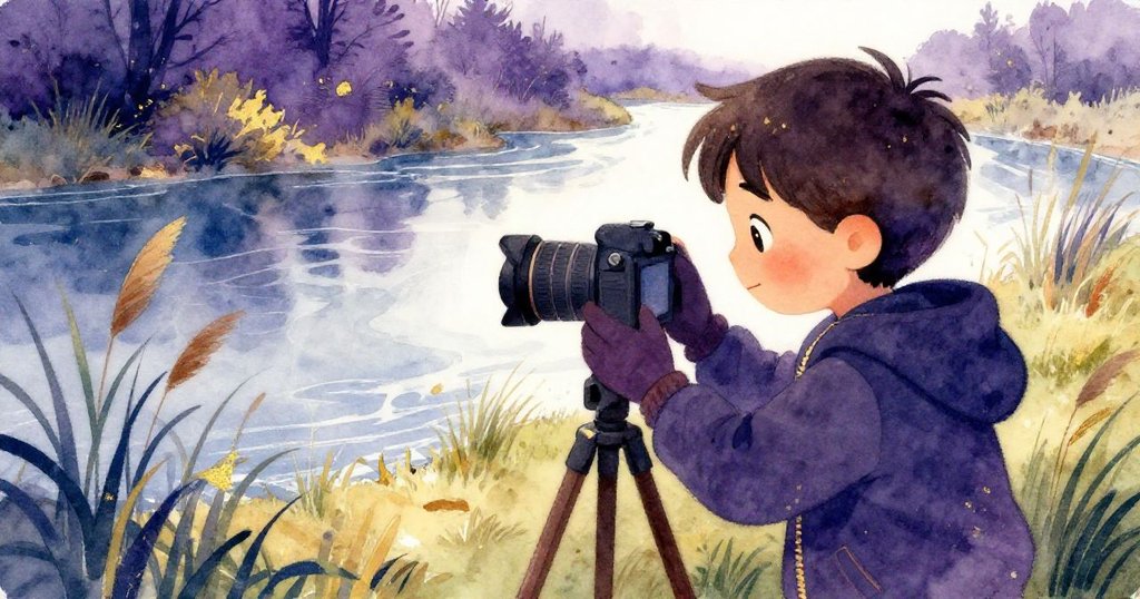 從背後看Leo在河邊設置三腳架與相機，背景有草地和蘆葦，展現準備攝影的專注與期待。