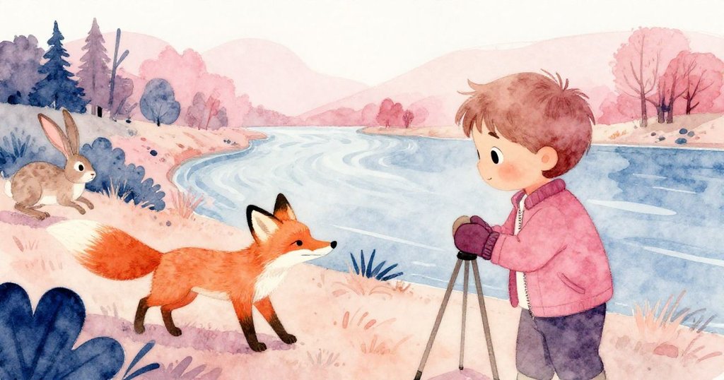 在夜晚河邊，Leo的三腳架隨風搖晃，狐狸悄步接近野兔，場景充滿動感與戲劇性。