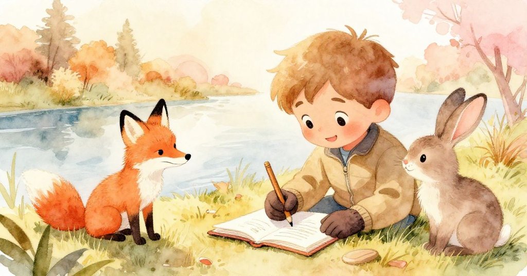 Leo在河邊笑著蹲下，用畫冊記錄狐狸與野兔的瞬間，充滿溫馨喜悅，動物也親昵觀望。