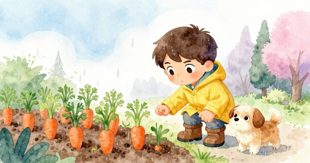 保羅蹲在雨中的菜園,低角度視角呈現他對抗小狗的專注與堅持,展現冒險轉折中的機智與勇氣。