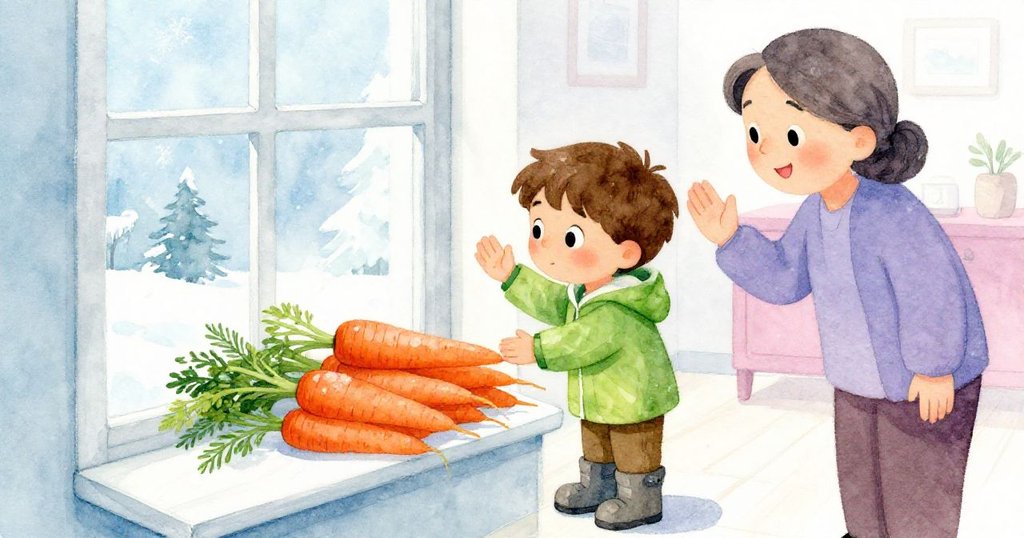 保羅在門邊驚喜發現整齊洗淨的胡蘿蔔,露出驚嘆神情,鄰居的關愛使冒險轉向溫暖與安心。